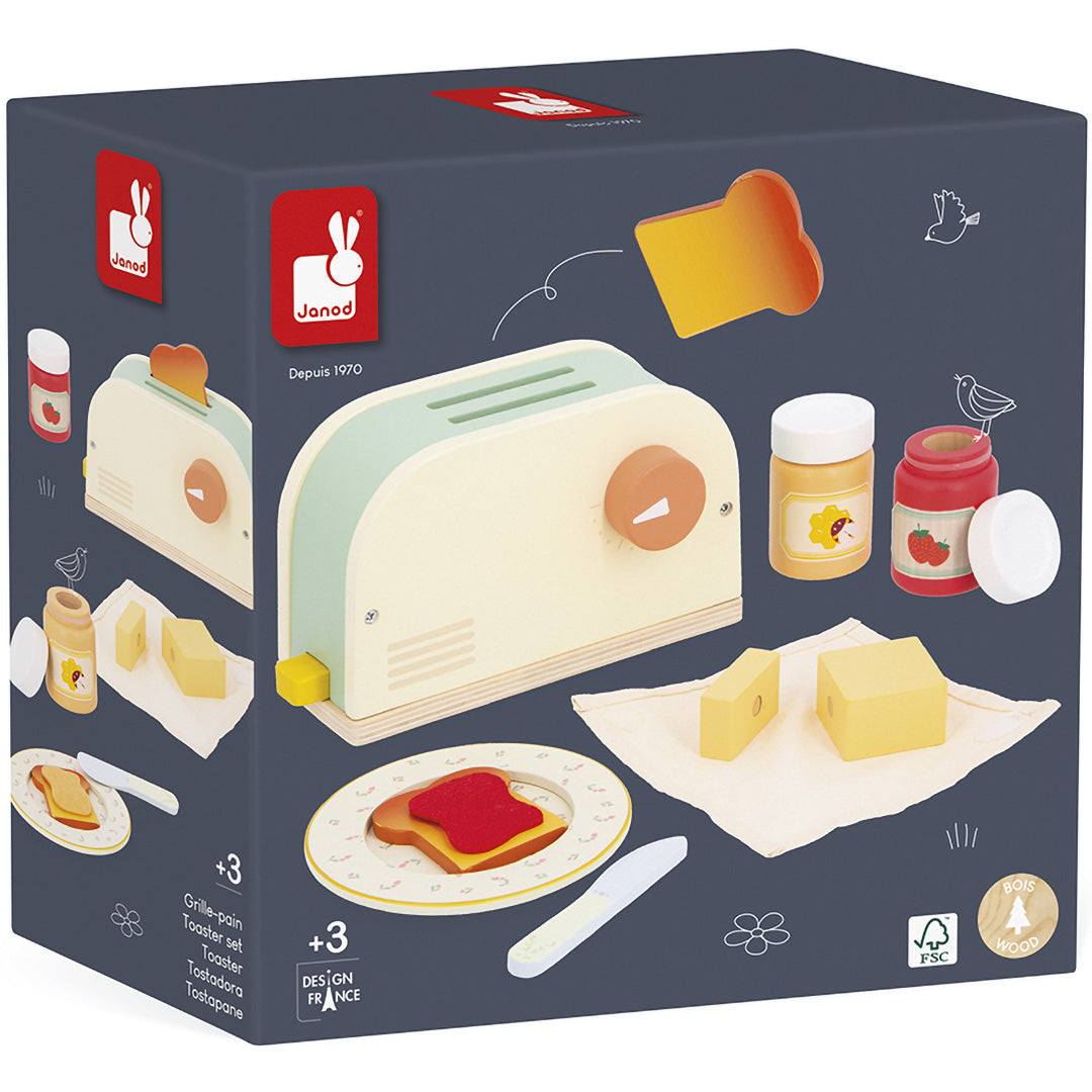 De verpakking van de Janod houten broodrooster keukenspeelset.