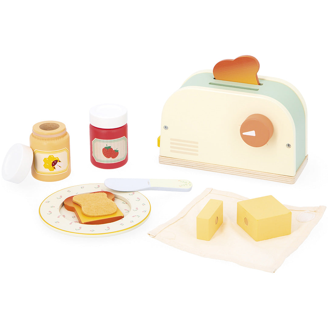 Janod houten keukenspeelset met broodrooster, toast, beleg en boter.