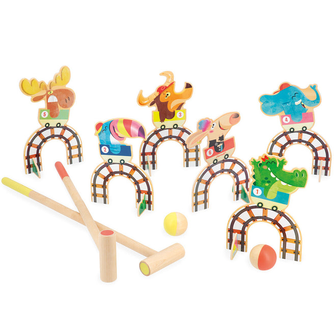 Janod croquetspel met zes houten dierfiguren op achtbaan-bogen, twee houten hamers en twee ballen.