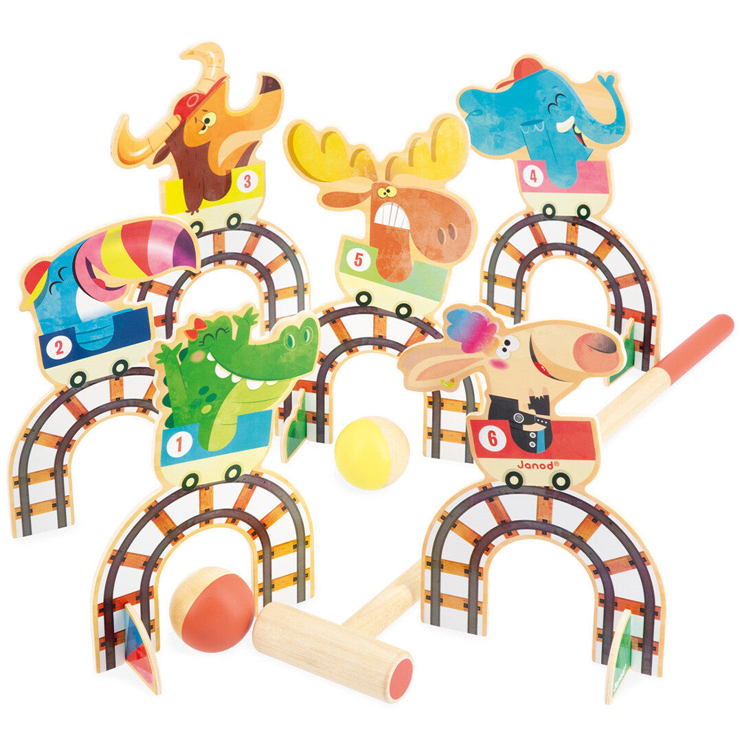 Het complete Janod croquetspel met zes houten dierfiguren op achtbaan-bogen, twee hamers en twee ballen.