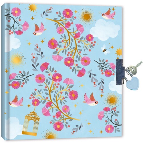 Een gesloten dagboek met een blauwe kaft versierd met roze bloemen, vogels en een slot met hartvormige sleutel.