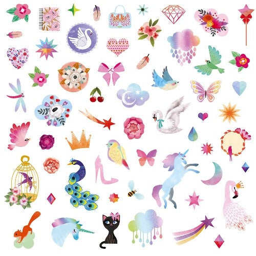 Een verzameling kleurrijke stickers met eenhoorns, zwanen, vogels en bloemen.