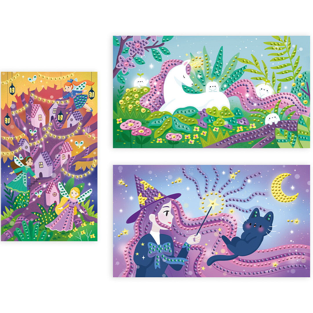 Drie Janod diamond painting ontwerpen met elfjes, een eenhoorn en een heks.