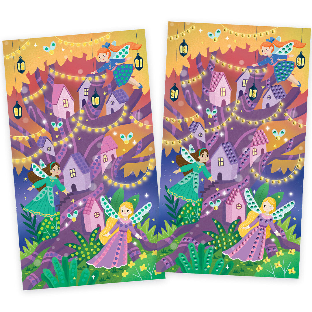 Twee Janod diamond painting ontwerpen met elfjes en boomhutten.