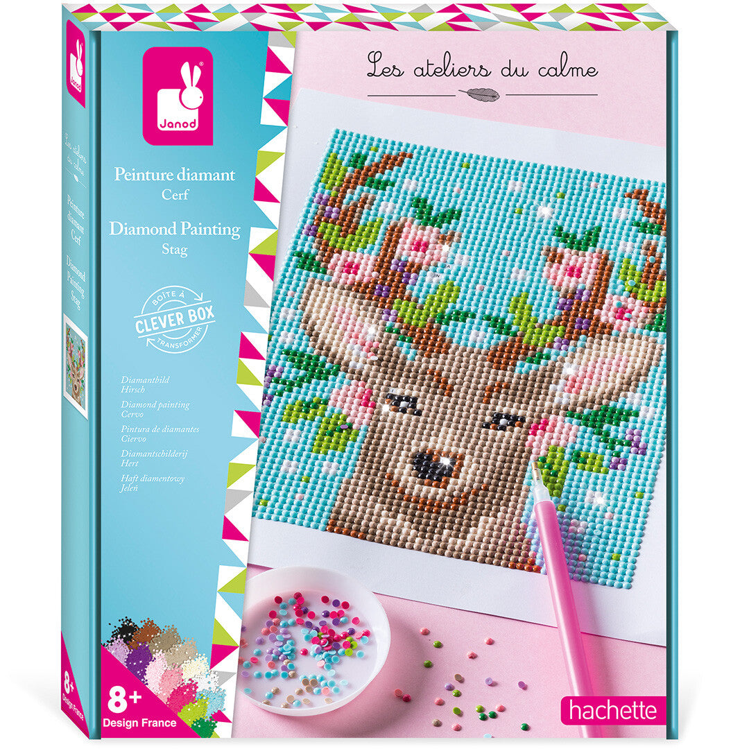 De verpakking van de Janod diamond painting set voor kinderen met een hert en bloemen.