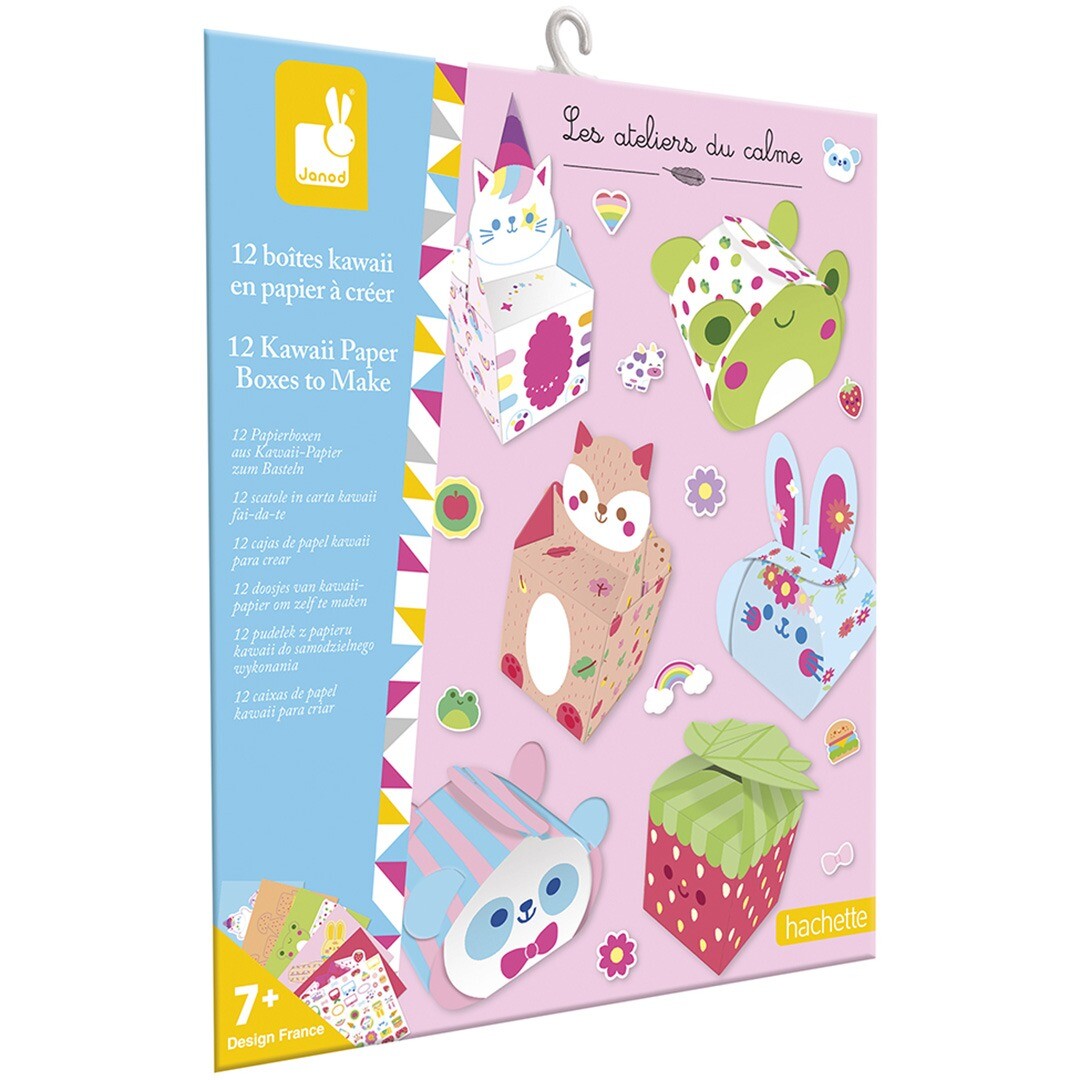 Janod verpakking van de knutselset voor 12 kawaii papieren doosjes.