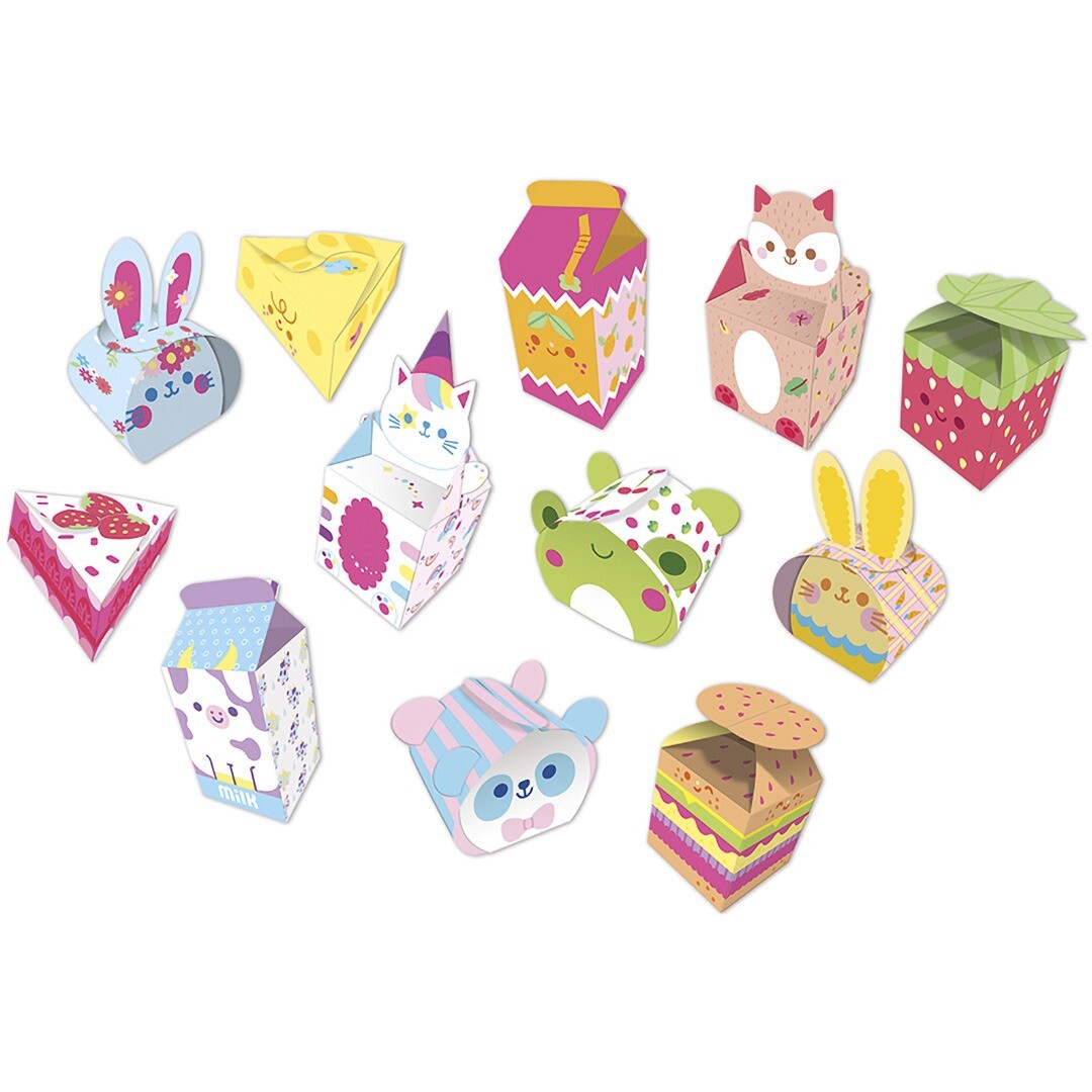 Twaalf verschillende Janod kawaii papieren doosjes met dieren- en voedselthema's.