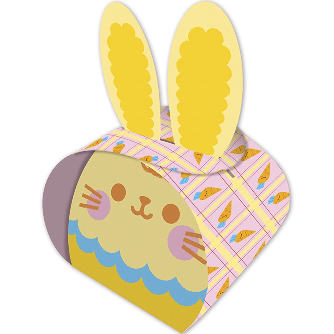 Detail van een Janod kawaii papieren konijndoosje met gele oren.