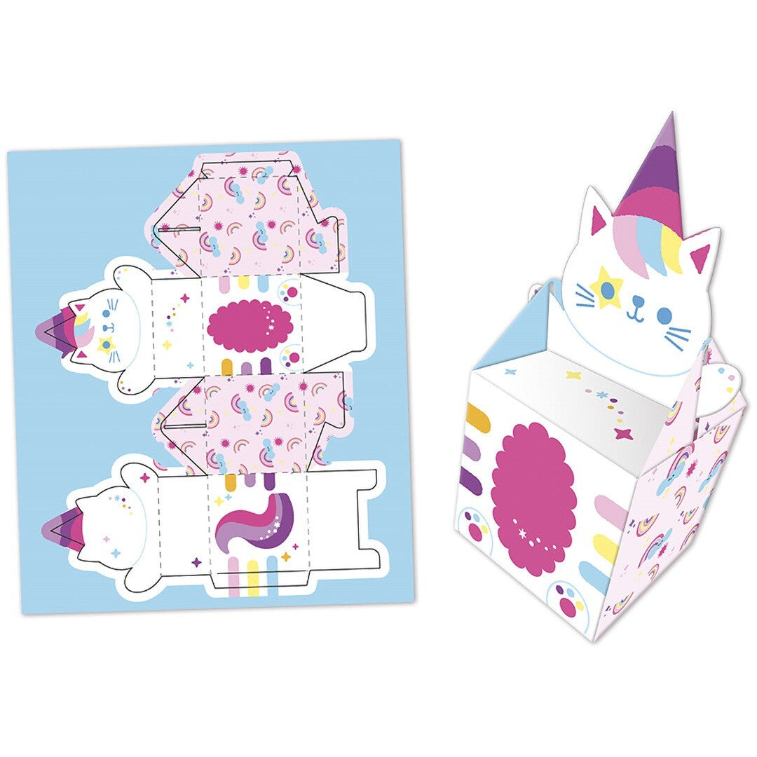 Janod knutselset met een platte sjabloon en een half gevouwen kawaii eenhoornkat doosje.