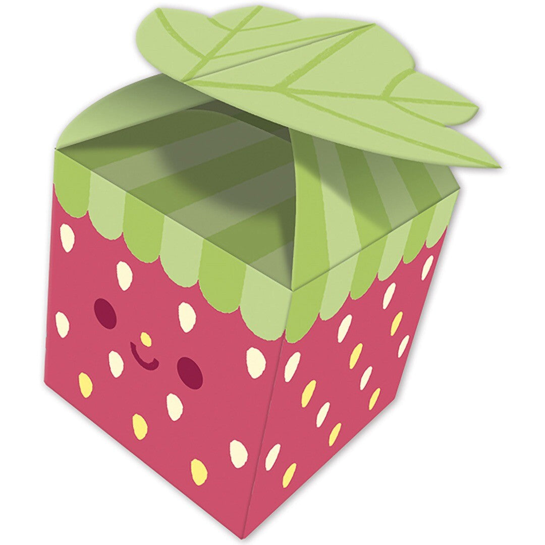 Detail van een Janod kawaii papieren aardbeidoosje met groene blaadjes.