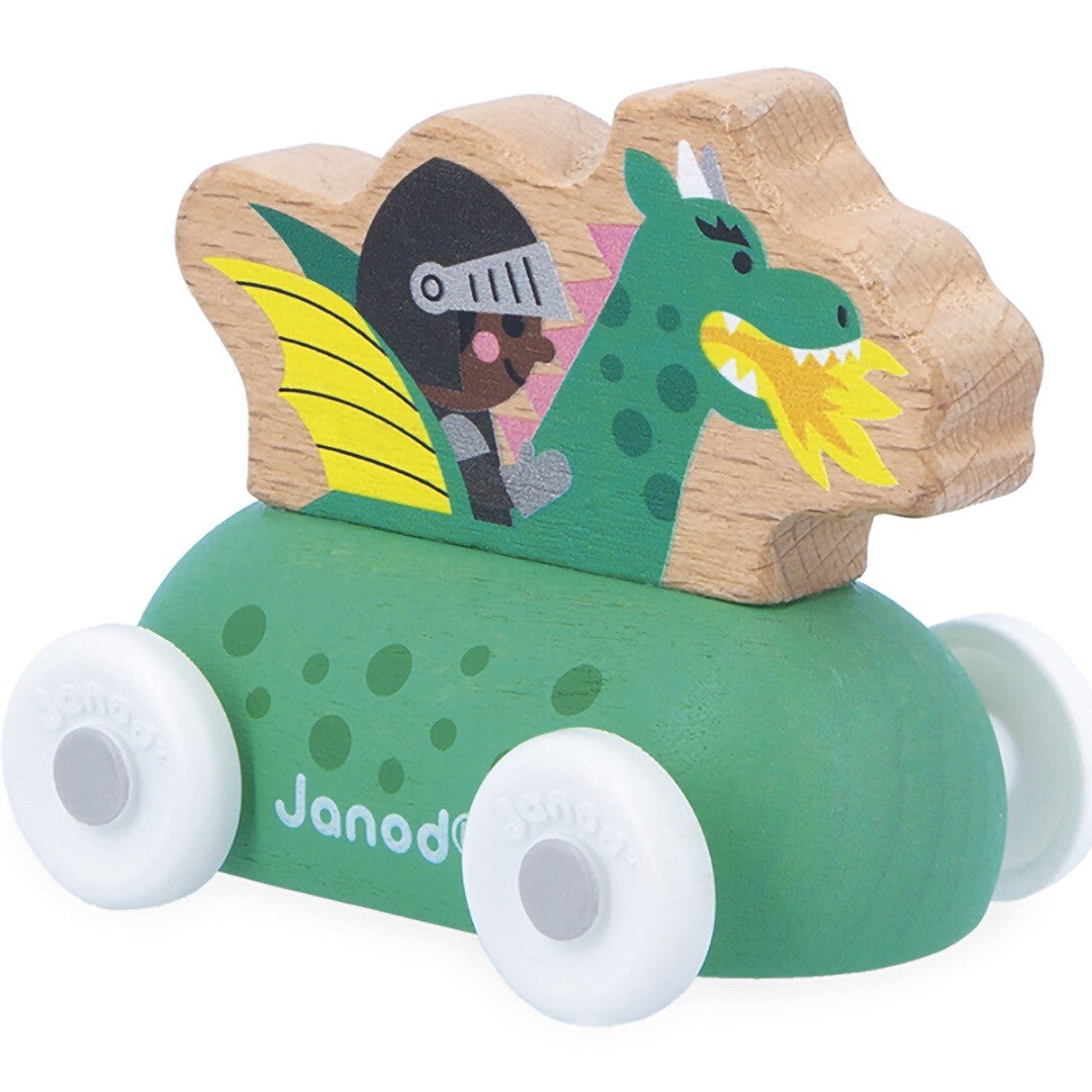 Janod houten speelgoedauto met een ridder op een groene draak.