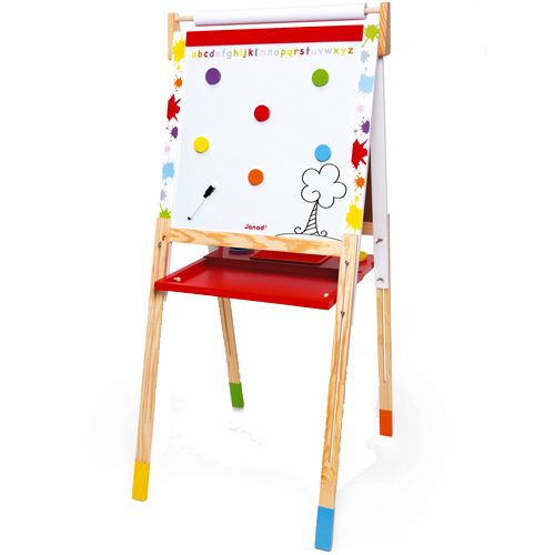 Janod houten dubbelzijdig schoolbord met de witte magnetische kant, versierd met kleurrijke stippen en een boom.