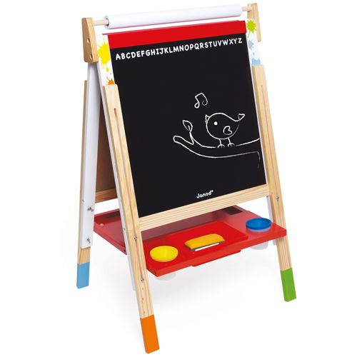 Janod houten dubbelzijdig schoolbord met de zwarte krijtbordkant, waarop een vogel is getekend.