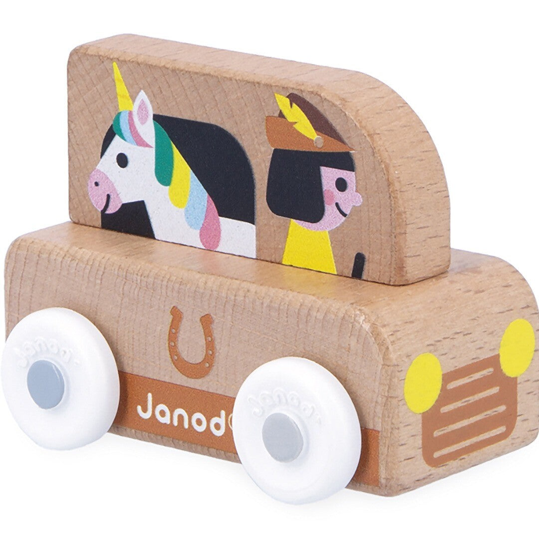 Janod houten speelgoedauto met eenhoorn en figuur.