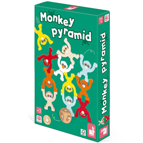 De groene verpakking van het Janod houten evenwichtsspel Monkey Pyramid met gestapelde apen.