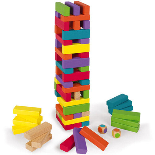 Janod houten evenwichtstoren met gekleurde blokken en twee dobbelstenen.