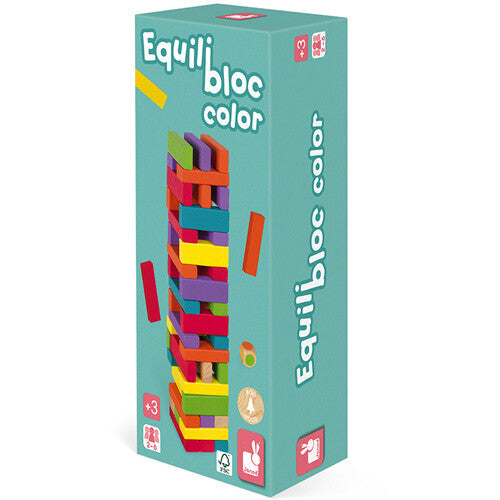 Verpakking van de Janod Equilibloc Color houten evenwichtstoren.