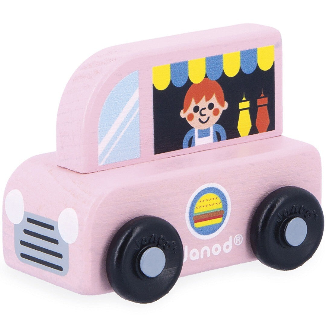 Janod roze houten speelgoed foodtruck met een chef en burgerlogo.