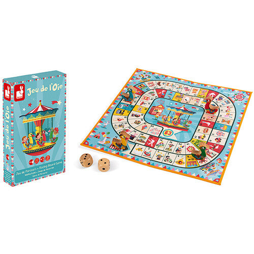 Janod ganzenbord carrousel bordspel met dobbelstenen en de speldoos ernaast.