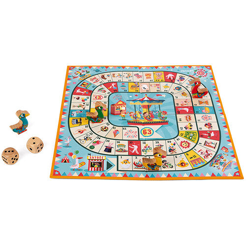 Janod ganzenbord carrousel bordspel met vier pionnen en twee dobbelstenen.