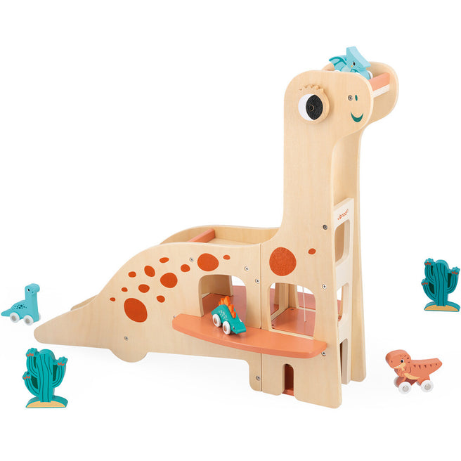 Janod houten dinosaurusspeelset in de vorm van een brachiosaurus met kleine dinowagentjes en cactussen.