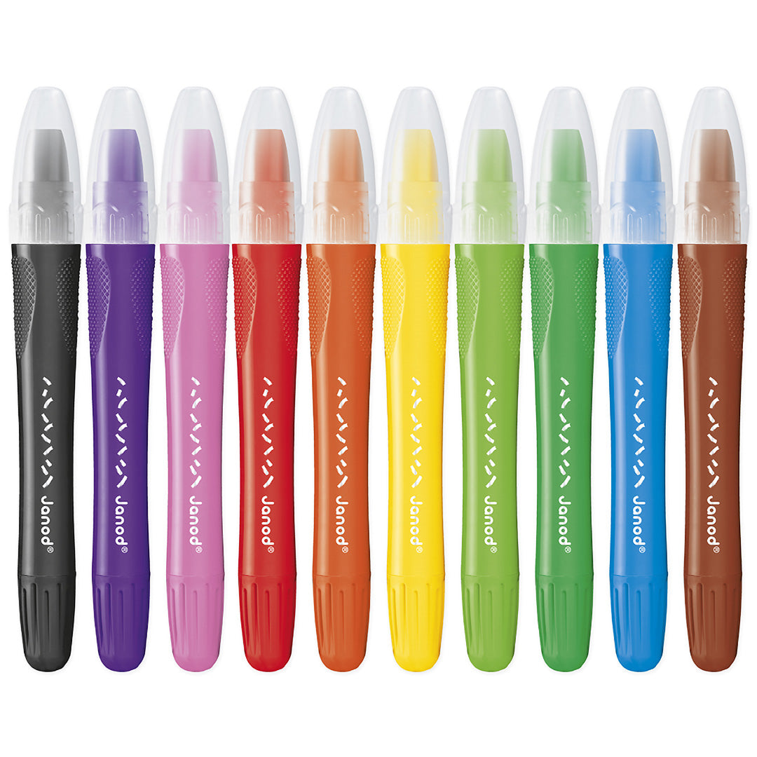 Tien Janod gelkrijtjes in verschillende kleuren, met doppen erop, naast elkaar liggend.