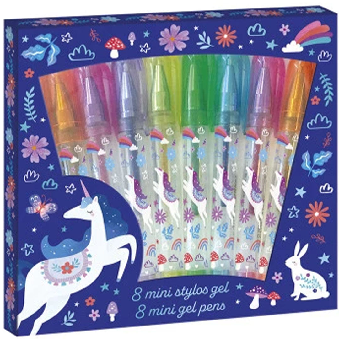Janod verpakking van 8 mini gelpennen met een eenhoorn, konijn en regenboog thema.