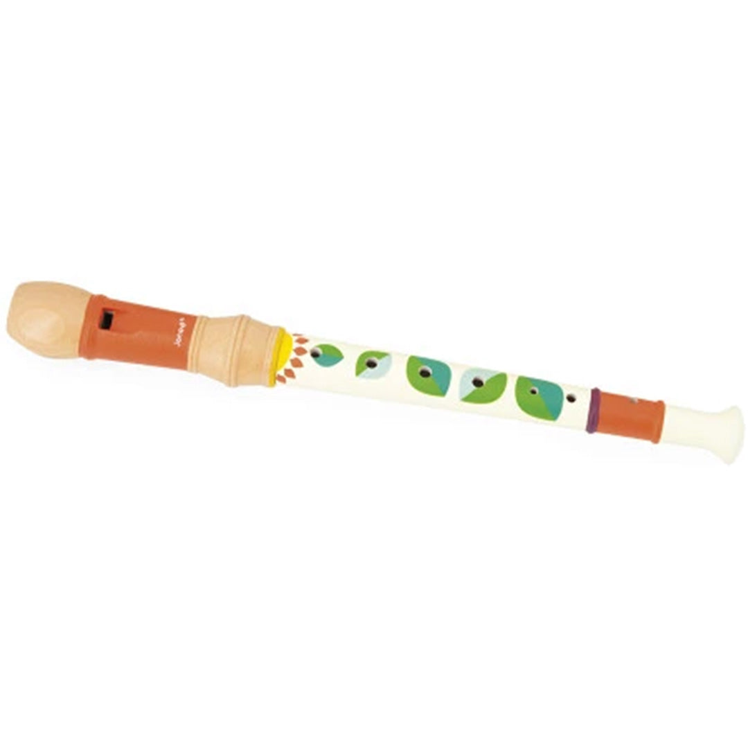 Janod houten blokfluit met een veelkleurig patroon van groene en blauwe vormen.
