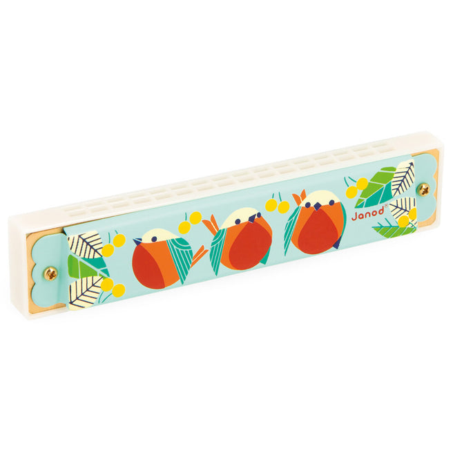 Janod Gioia mondharmonica met een blauw design van vogels en bladeren.