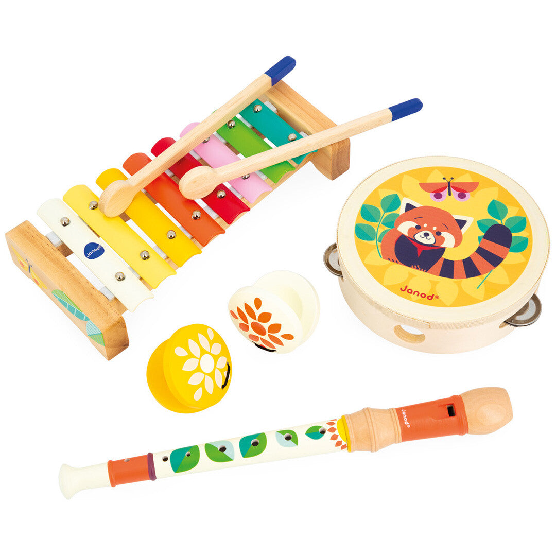 Janod muziekinstrumenten set met een xylofoon, tamboerijn, castagnetten en een blokfluit.