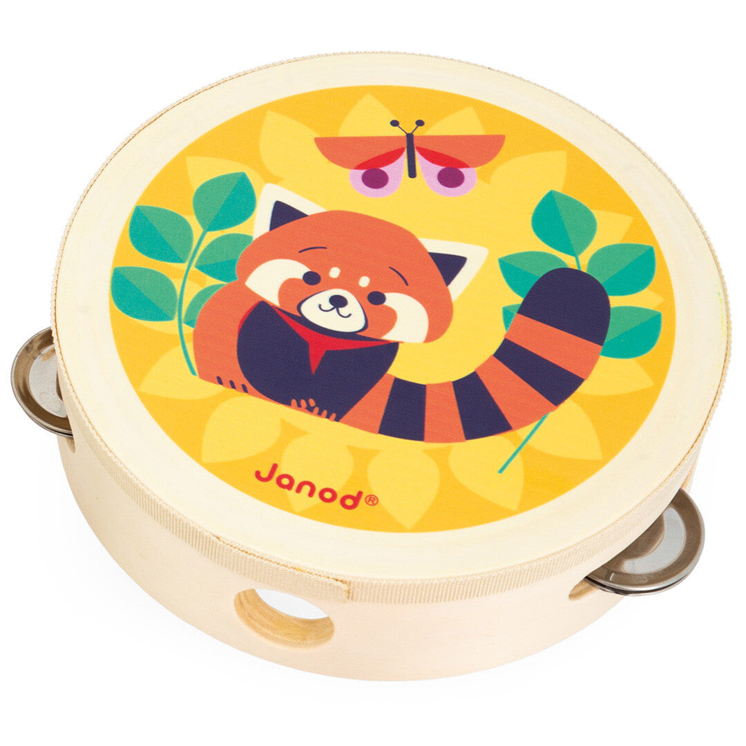 De Janod houten tamboerijn met een illustratie van een rode panda, bladeren en een vlinder.