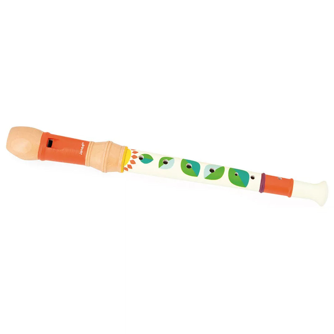 De Janod houten blokfluit met oranje accenten en een patroon van groene bladeren.