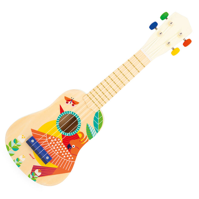 Janod houten kinderukelele met kleurrijke vogel- en bloemenprint, schuin gefotografeerd.