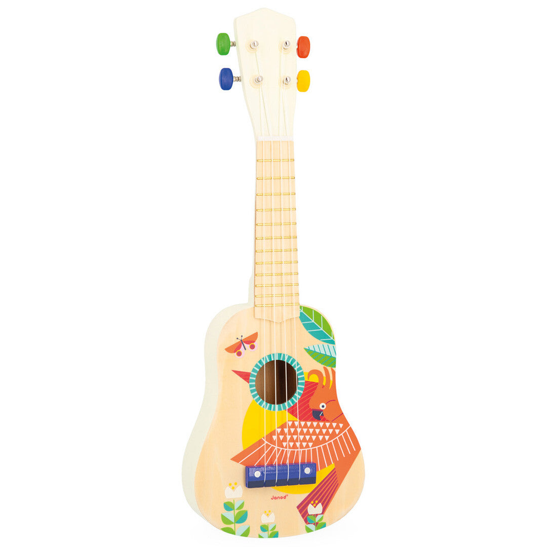 Janod houten kinderukelele met kleurrijke vogel- en bloemenprint, recht van voren gefotografeerd.