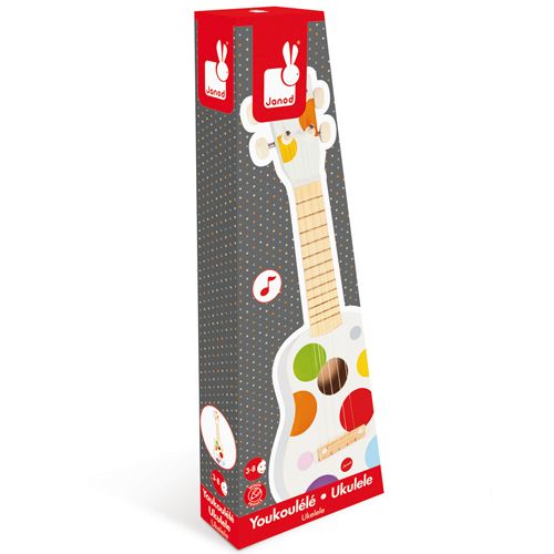 Verpakking van de Janod houten speelgoedukelele met stippen.
