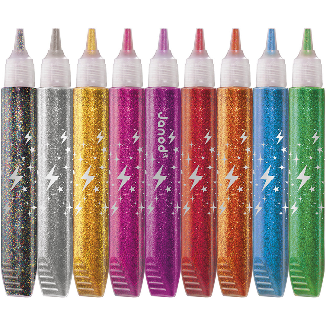Negen Janod glitterlijm tubes in verschillende kleuren, staand op een rij.