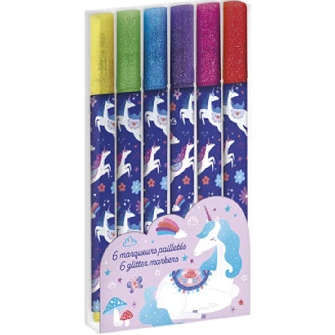 Janod verpakking met zes glitterstiften met eenhoorn- en sterrenpatroon.