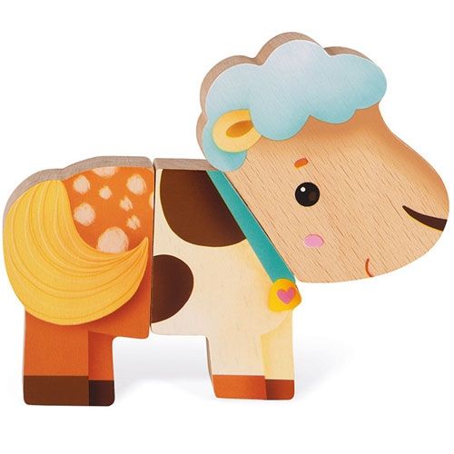 Detail van het Janod magnetische houten schaap met een lichtblauwe kop en bruin lichaam.
