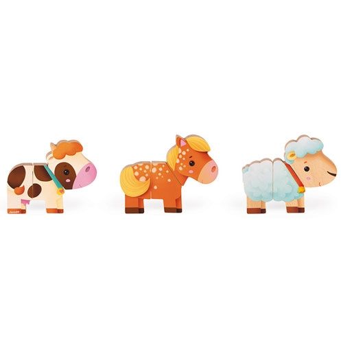 Drie Janod magnetische houten boerderijdieren: een koe, paard en schaap, naast elkaar op een rij.