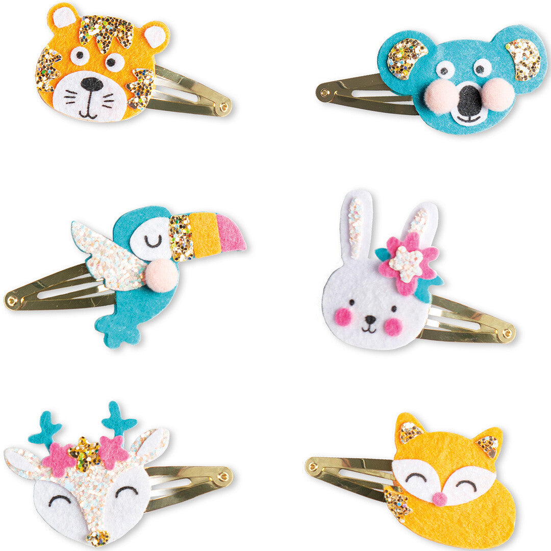Zes glitter dieren haarclips in de vorm van een tijger, koala, toekan, konijn, hert en vos.