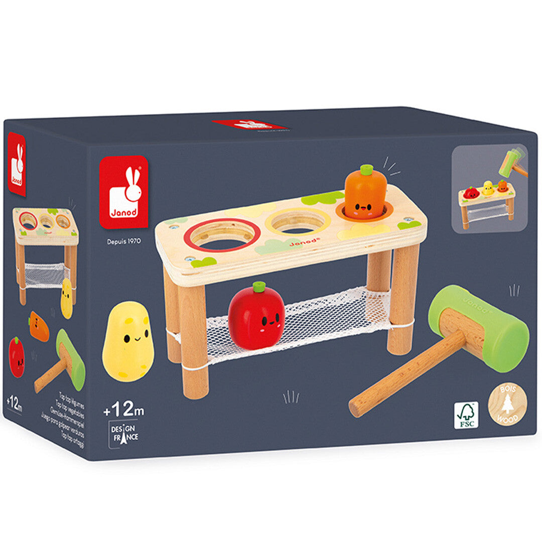 De verpakking van de Janod hamerbank met groentefiguren.