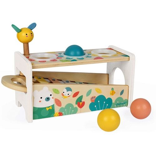 Janod hamerbank en xylofoon met dieren- en bladerenpatroon, hamer en twee ballen.