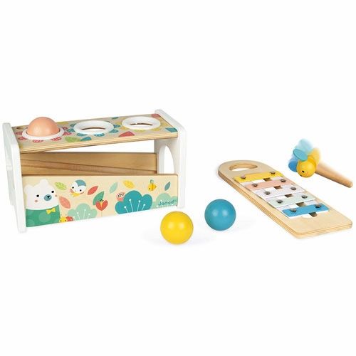Janod hamerbank en losse xylofoon met hamer en twee ballen, met dieren- en bladerenpatroon.