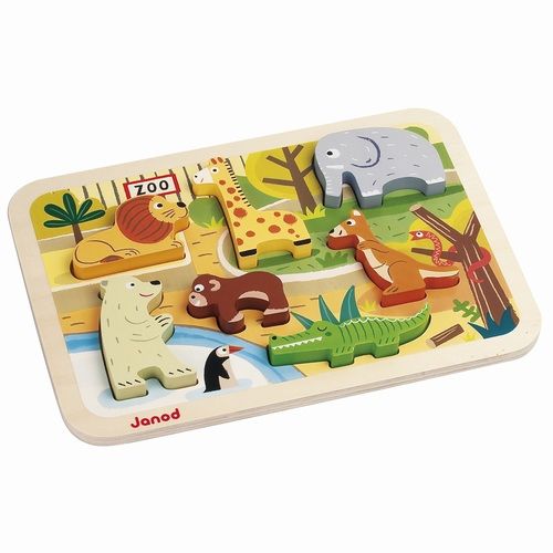 Janod houten chunky puzzel met dierentuin dieren, alle puzzelstukken zitten in de puzzel.