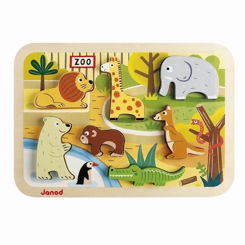 Janod houten chunky puzzel met dierentuin dieren, van bovenaf gezien met alle puzzelstukken op hun plek.