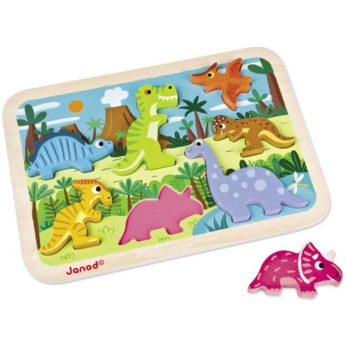 Janod houten chunky puzzel met dinosauriërs, waarbij één roze dinosaurusstukje los ligt.