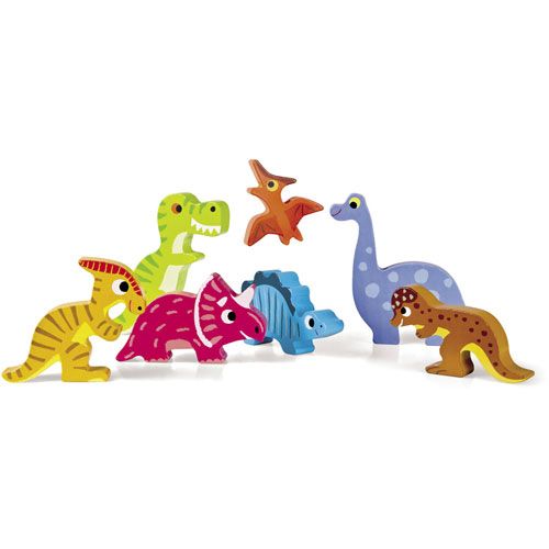 Zeven kleurrijke Janod houten dinosaurusfiguren staan rechtop op een witte achtergrond.