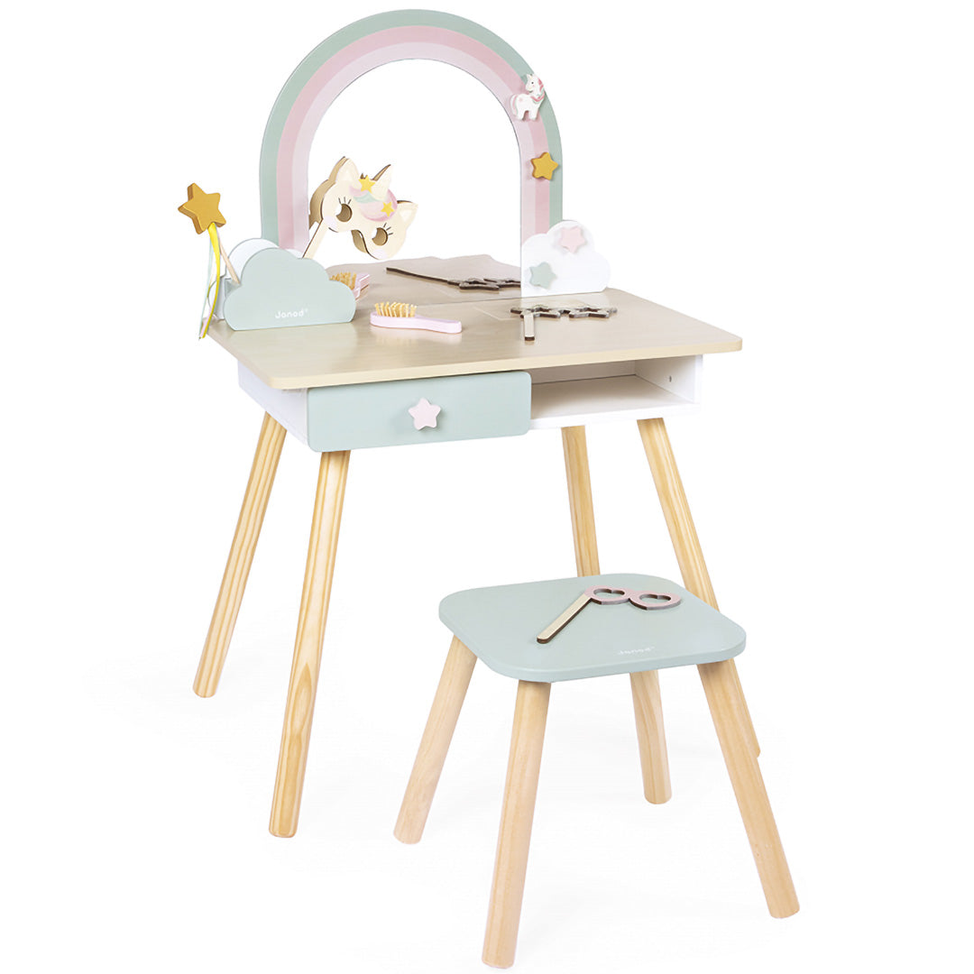 Janod houten kaptafel met krukje in eenhoorn- en regenboogthema, inclusief accessoires.