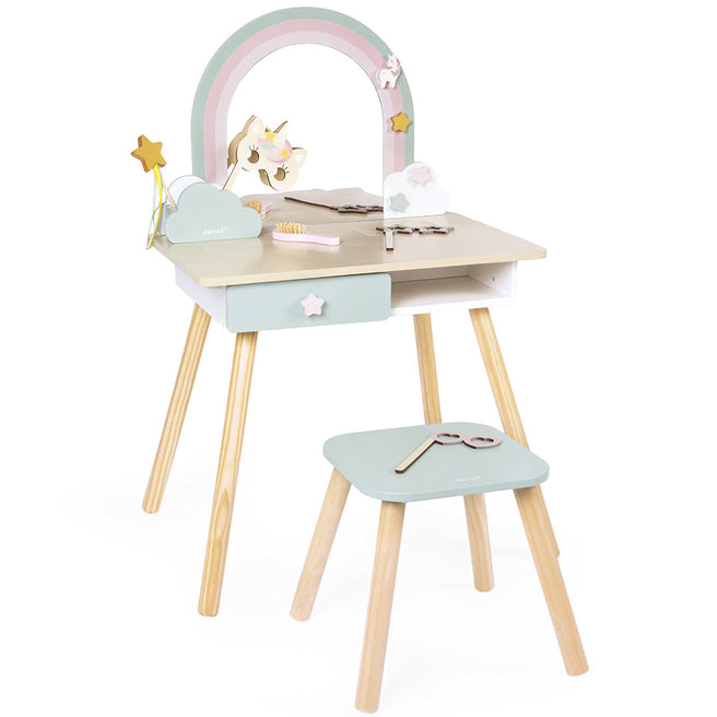Janod houten kaptafel met krukje in eenhoorn- en regenboogthema, inclusief accessoires.