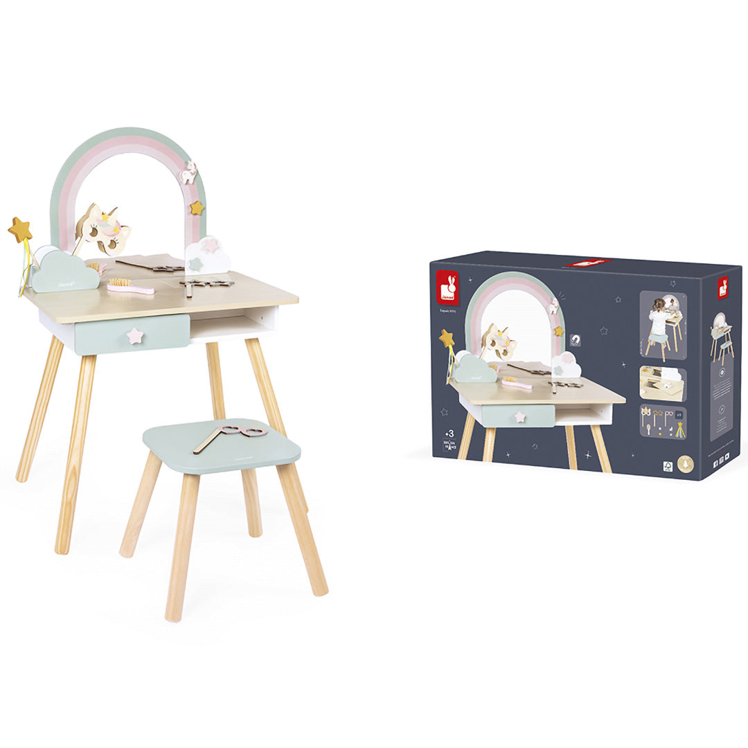 Janod houten kaptafel met krukje en de bijbehorende productverpakking.
